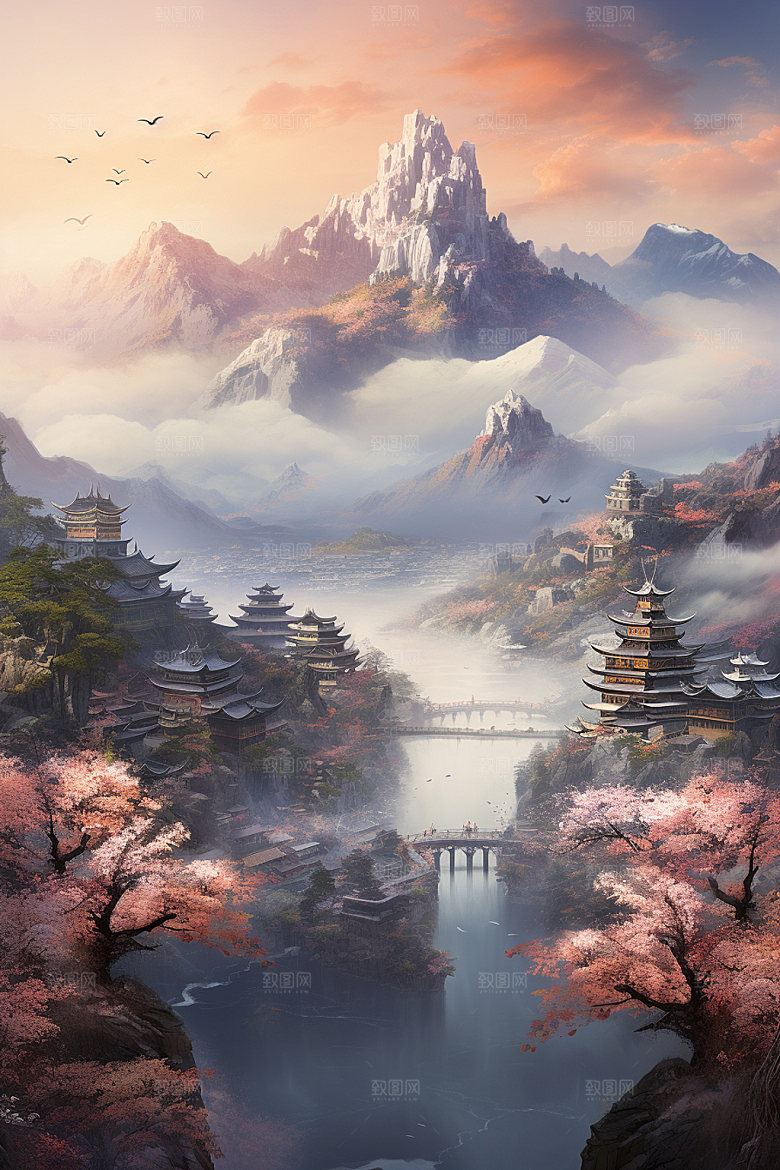 山水风光高清中国风插画