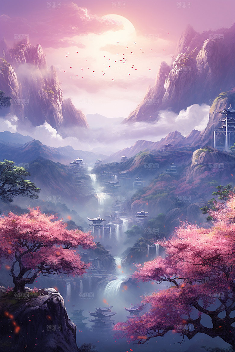 山水风光中国风室外桃园插画