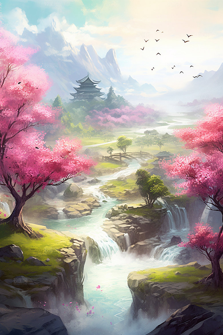 山水风光仙境高清插画
