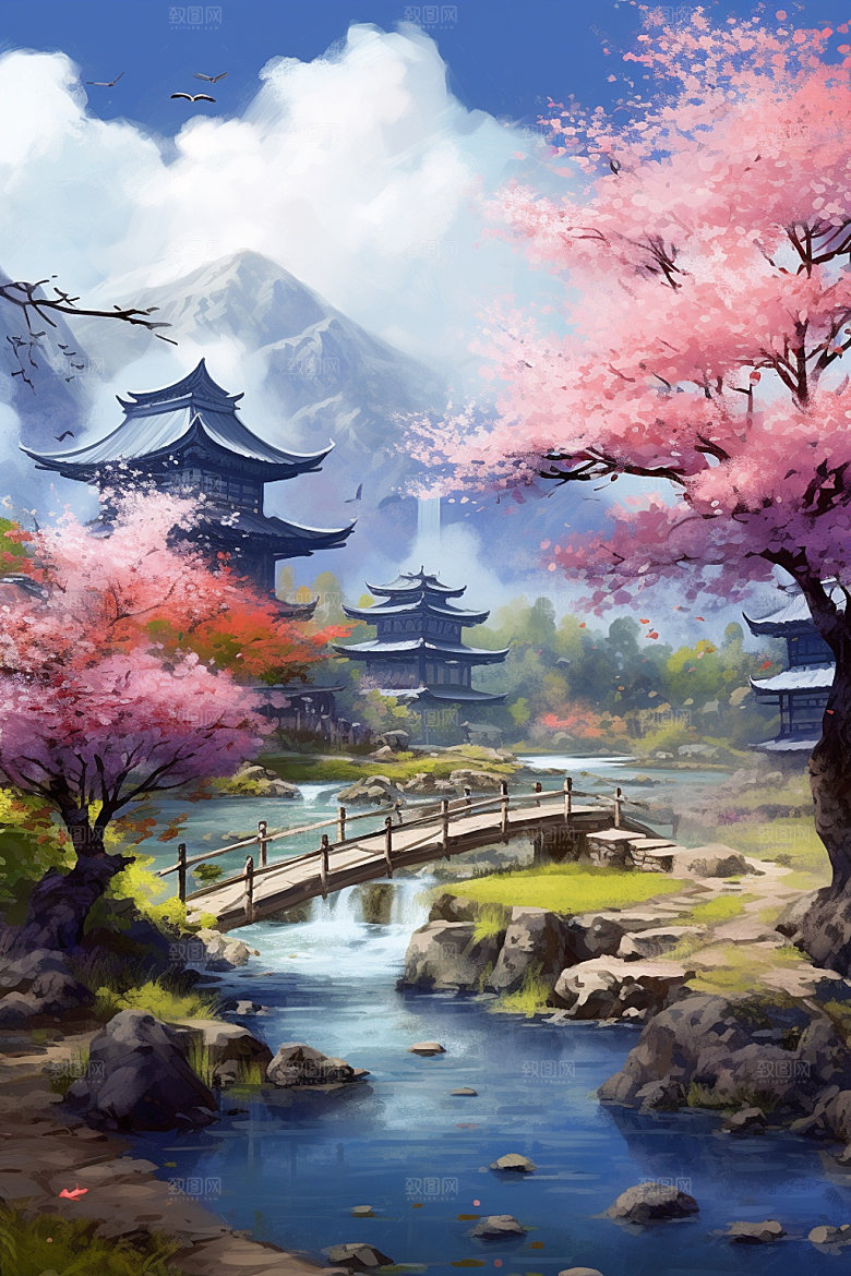 山水风光唯美中式插画