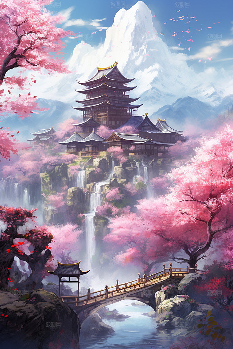 山水风光中式唯美插画