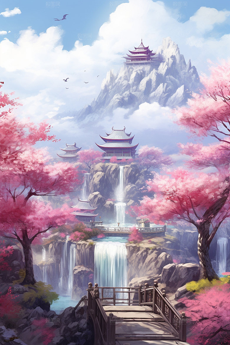 山水风光中式仙境插画