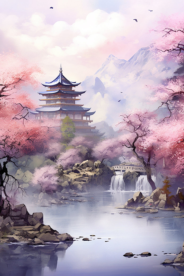 山水风光中式中国风插画