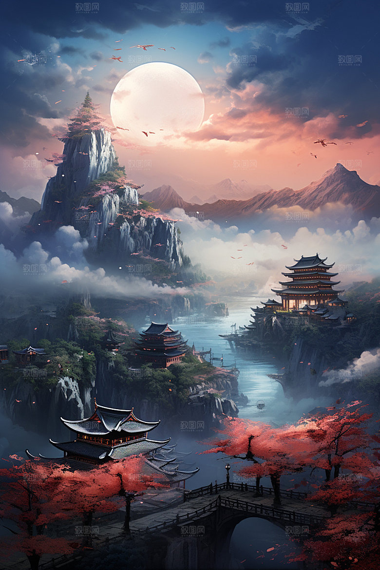 山水风光高清中国风插画