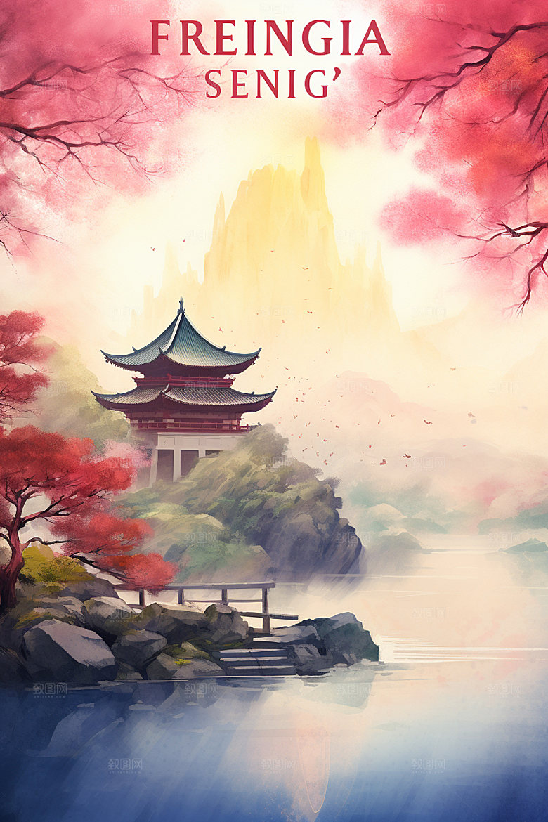 山水风光中式中国风插画