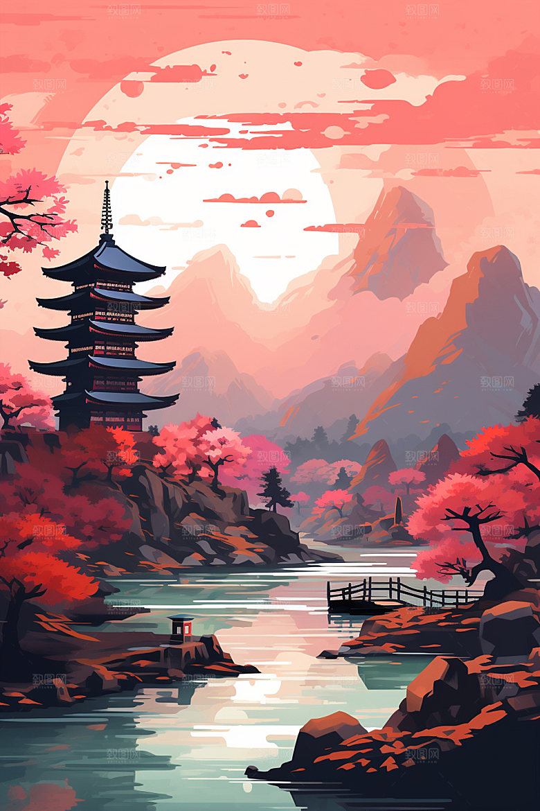 山水风光仙境唯美插画
