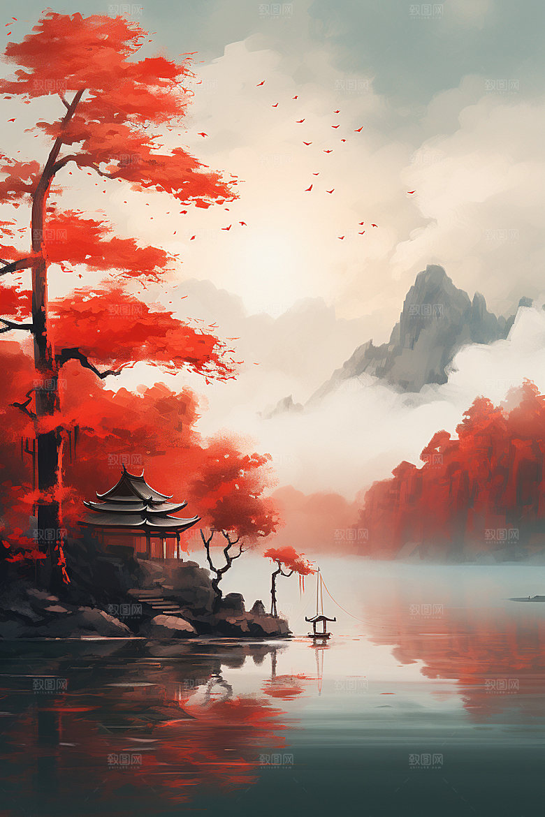 山水风光中式仙境插画
