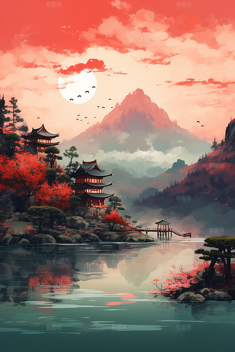 山水风光唯美中国风插画