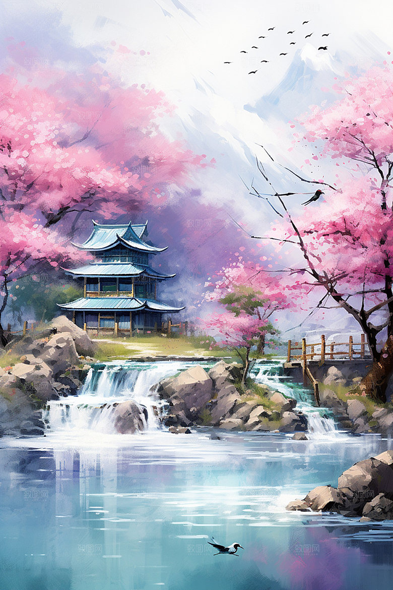 山水风光唯美室外桃园插画