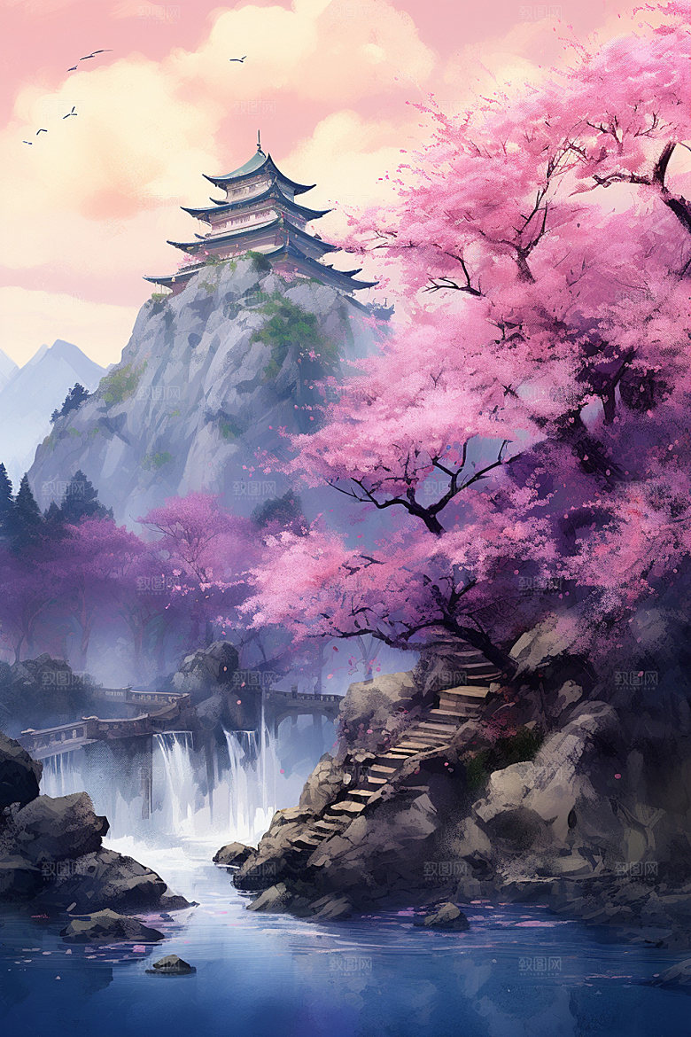山水风光中式中国风插画