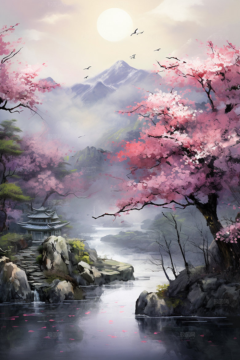 山水风光仙境室外桃园插画