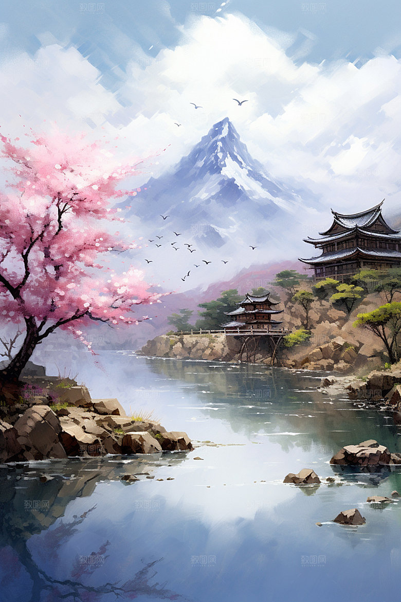山水风光仙境室外桃园插画