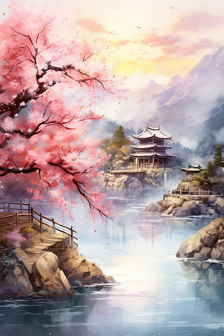 山水风光唯美中式插画
