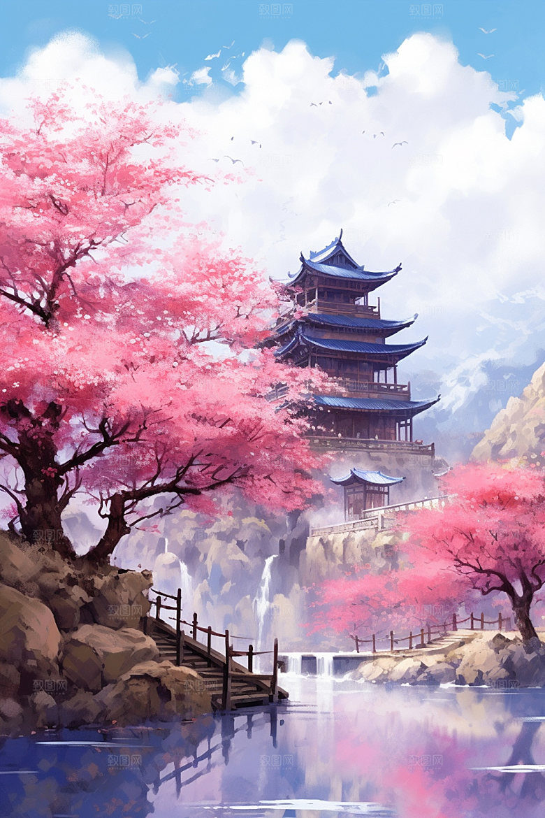 山水风光室外桃园唯美插画
