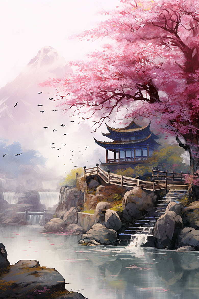 山水风光仙境中式插画