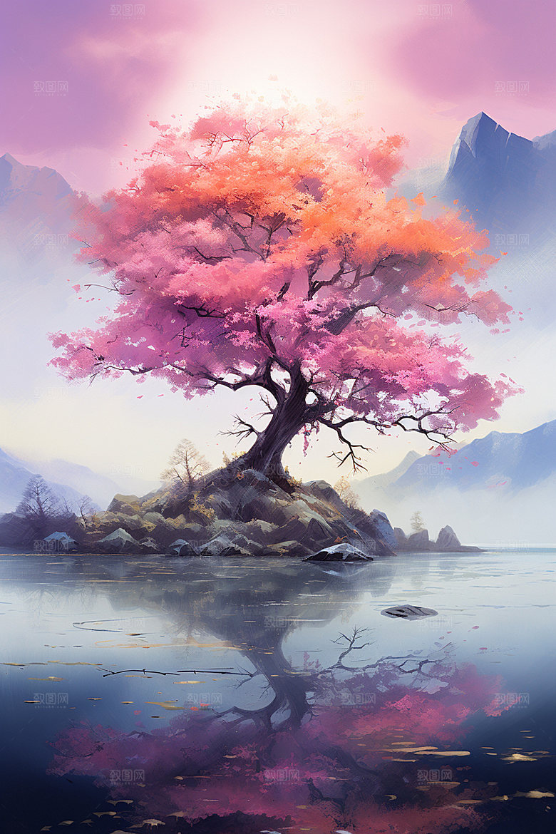 山水风光中国风室外桃园插画