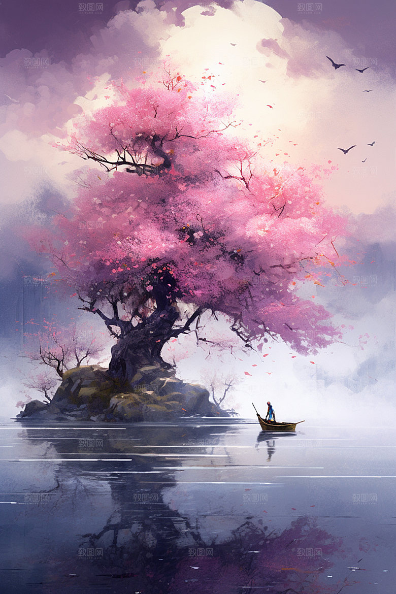 山水风光唯美中式插画