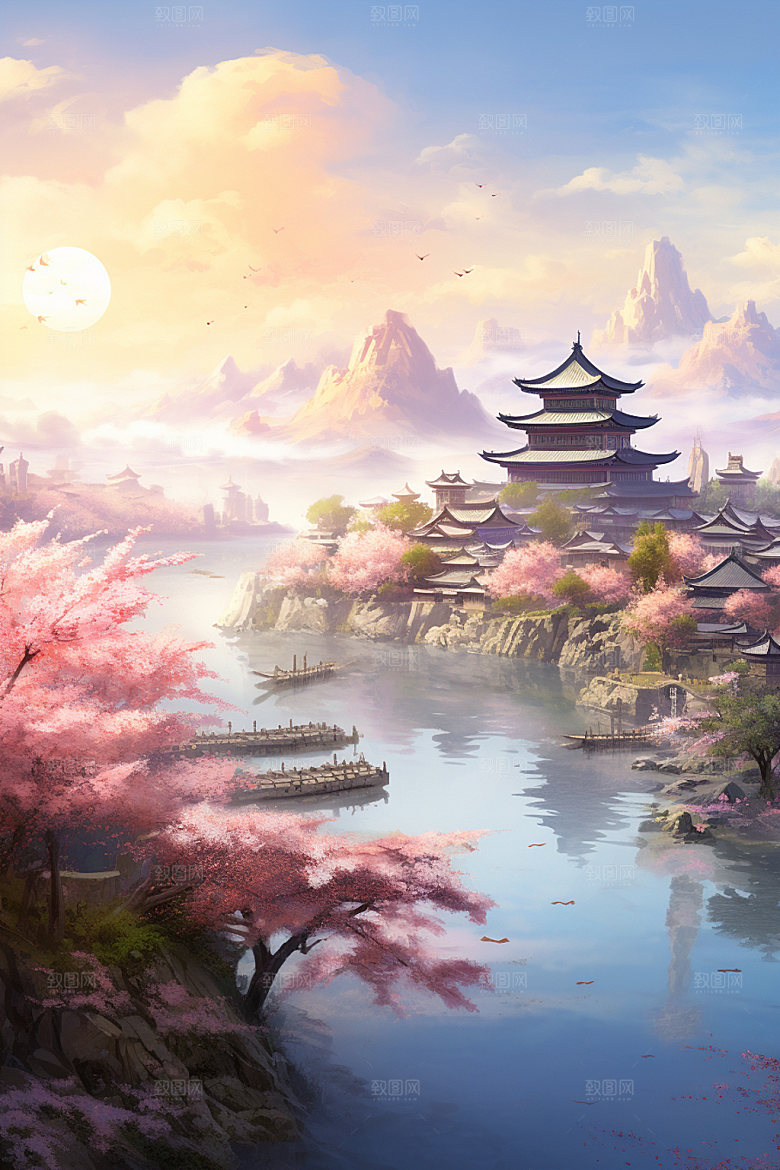 山水风光唯美室外桃园插画
