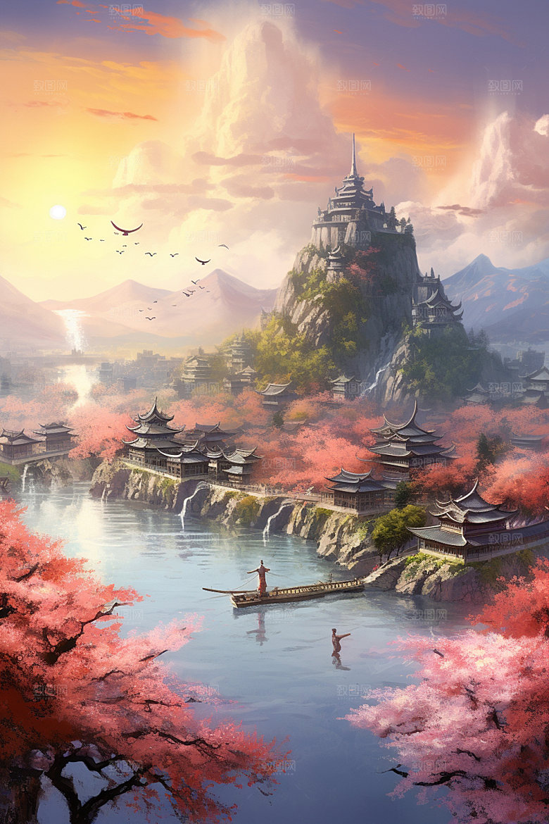 山水风光中国风唯美插画