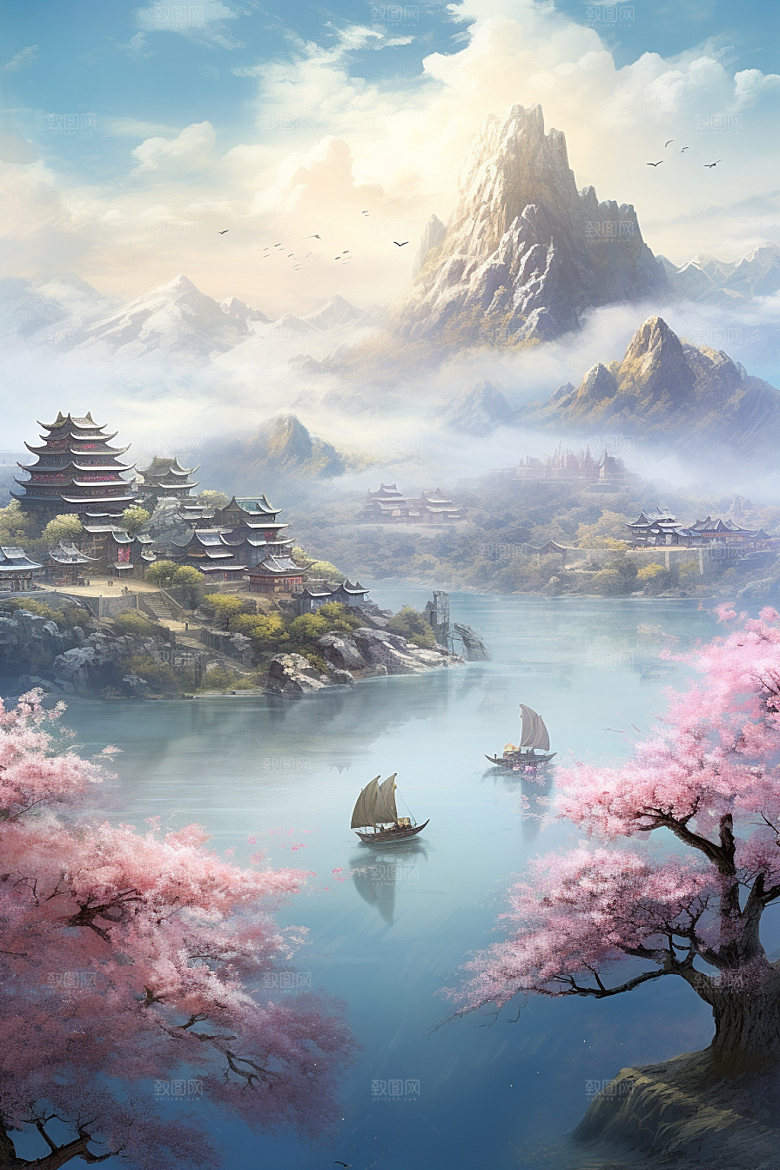 山水风光唯美中式插画