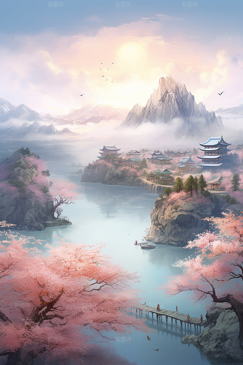 山水风光室外桃园高清插画