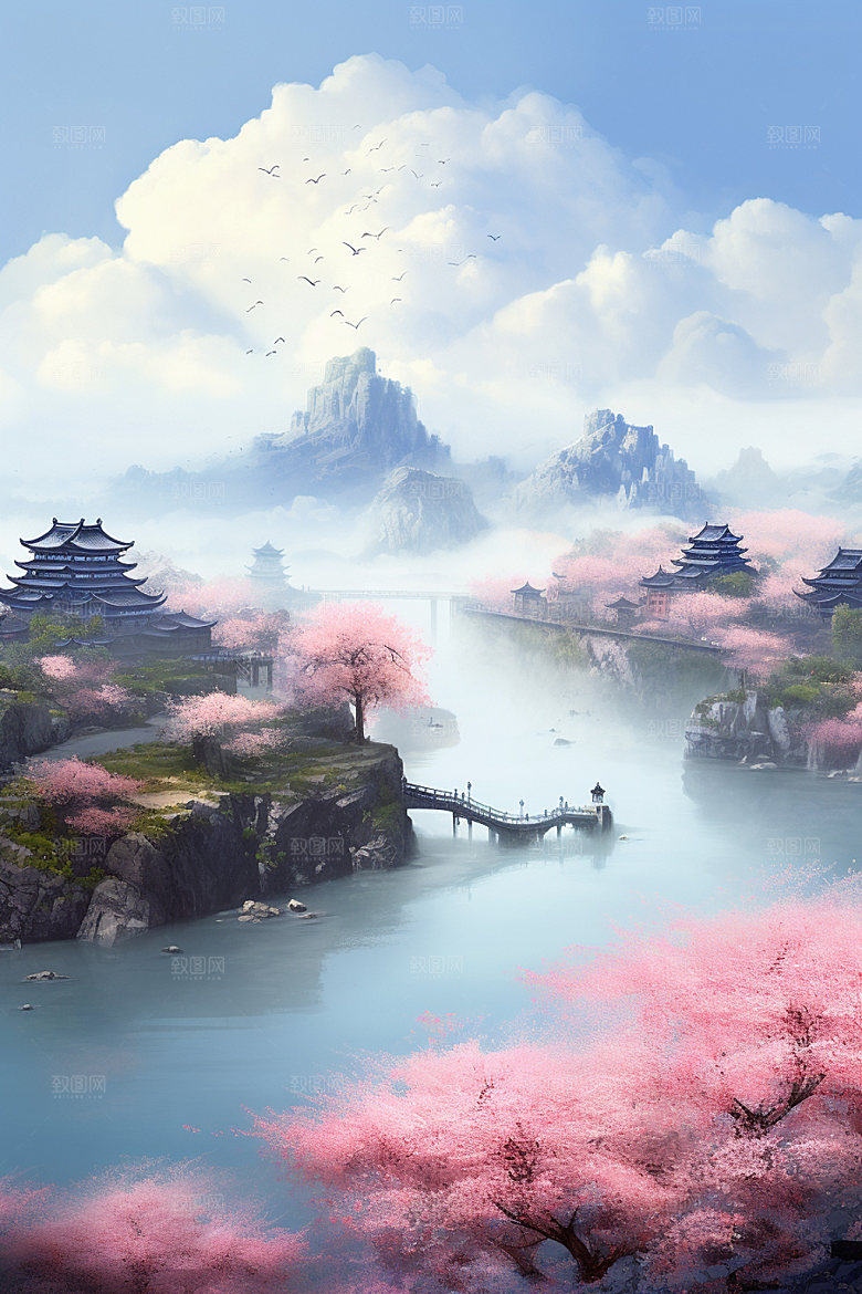 山水风光高清室外桃园插画