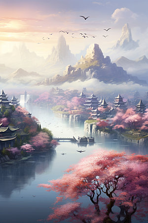 山水风光室外桃园唯美插画