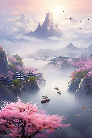 山水风光唯美室外桃园插画