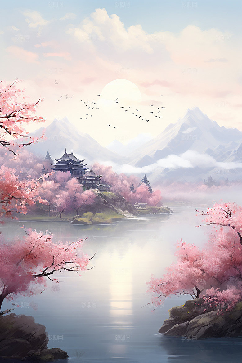 山水风光中式高清插画