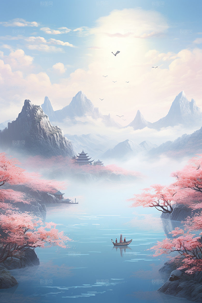 山水风光仙境室外桃园插画