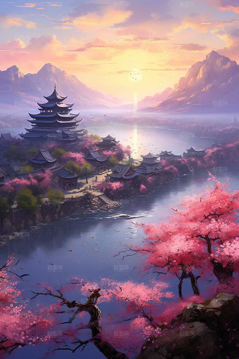 山水风光室外桃园高清插画
