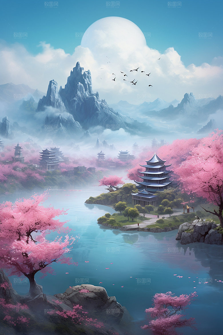 山水风光中国风唯美插画