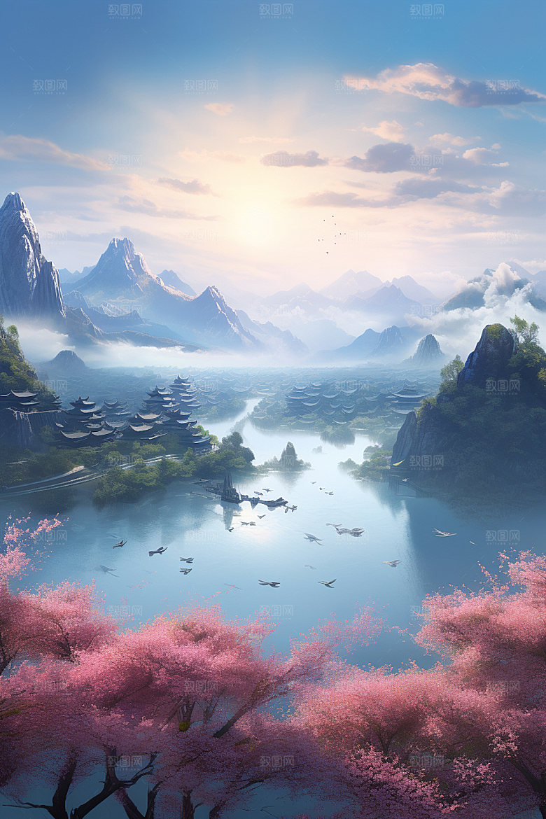 山水风光中国风中式插画