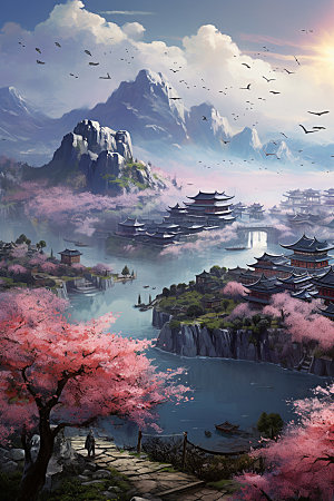 山水风光仙境中式插画