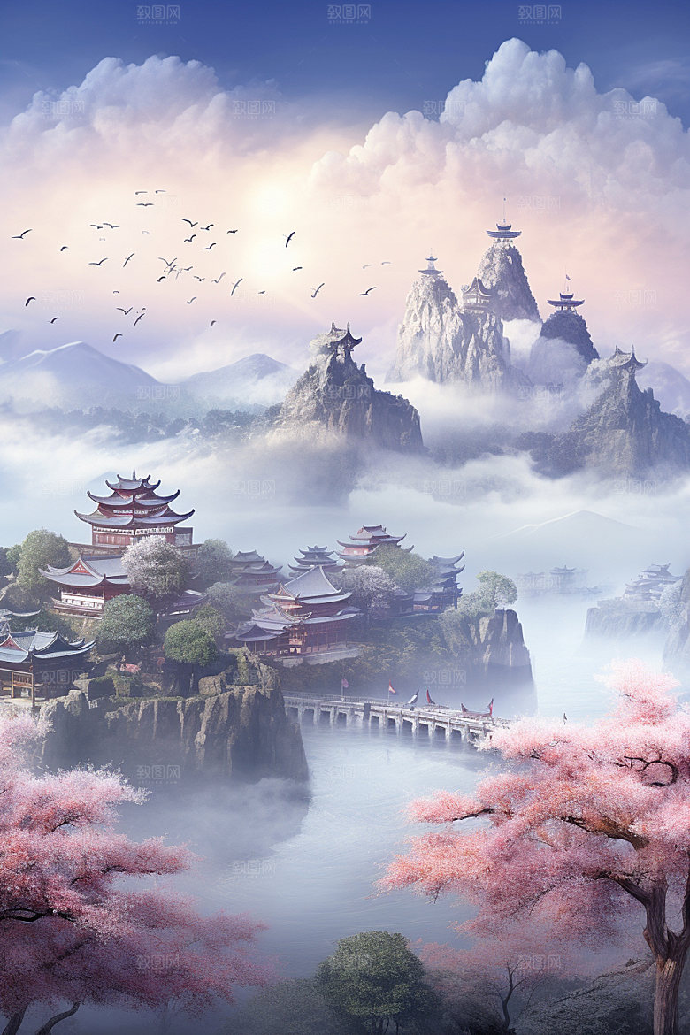 山水风光室外桃园仙境插画