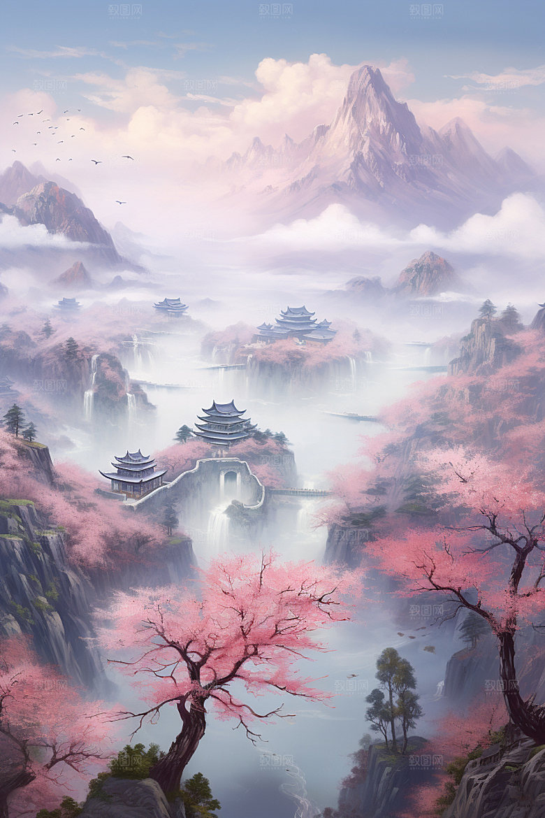 山水风光室外桃园唯美插画