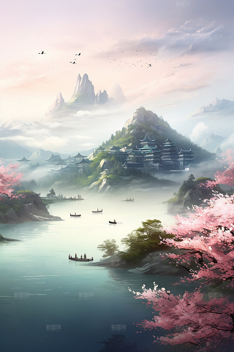 山水风光中国风唯美插画