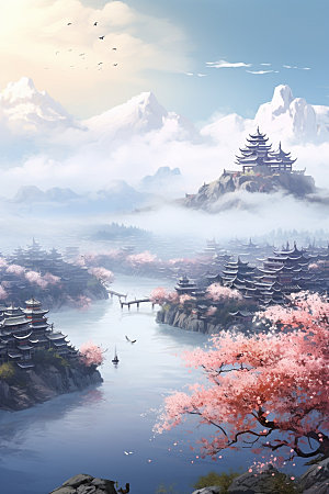 山水风光中式中国风插画
