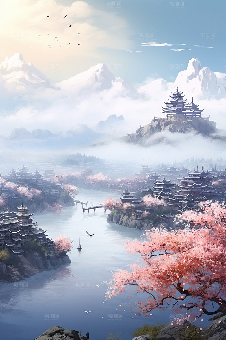 山水风光中式中国风插画