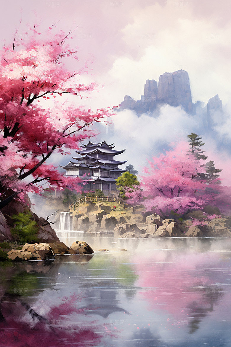 山水风光中国风仙境插画