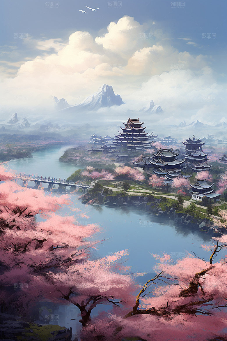 山水风光高清中国风插画