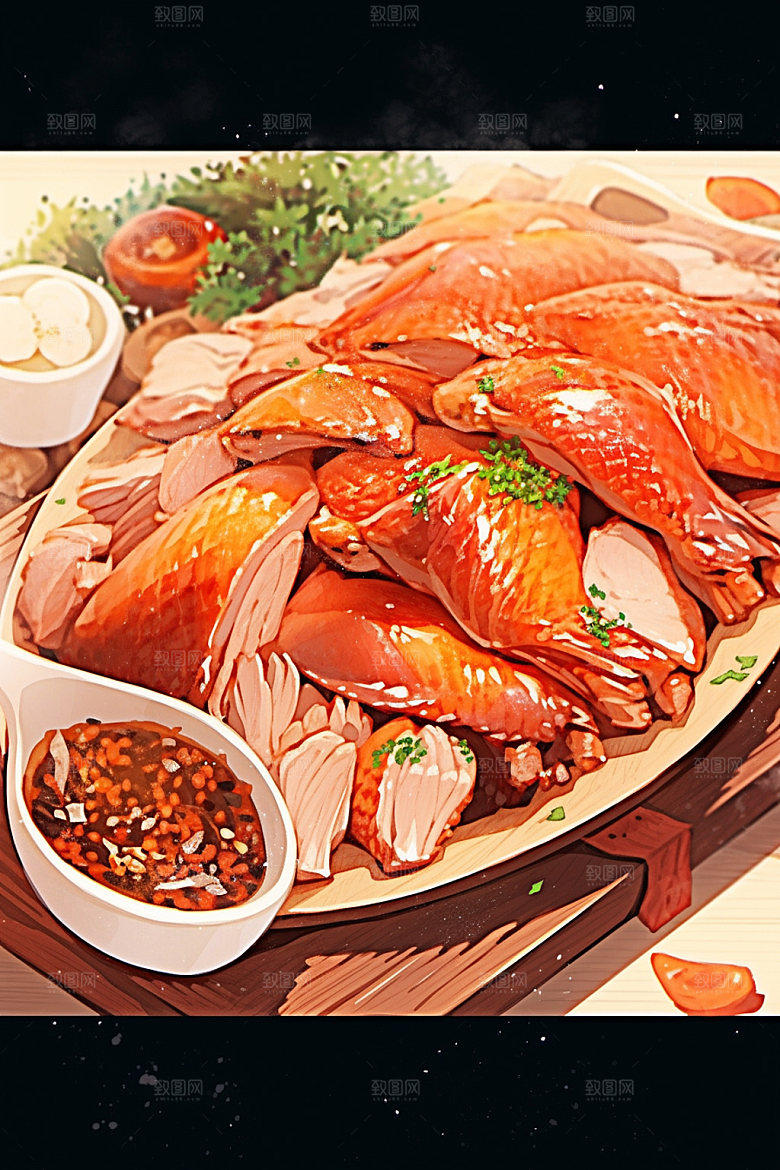 烧鸡烤鸡特色美食插画