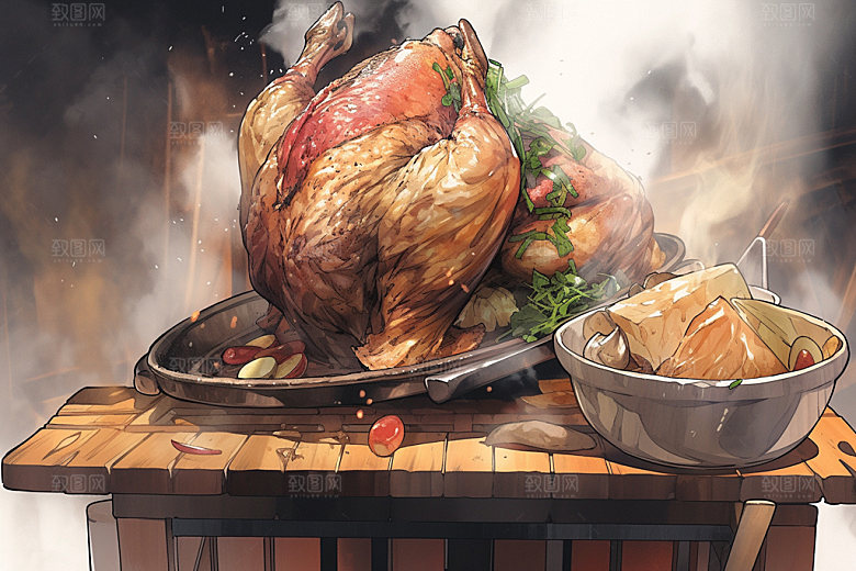 烧鸡烧腊特色美食插画