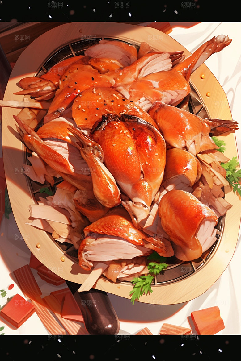 烧鸡手绘广式料理插画