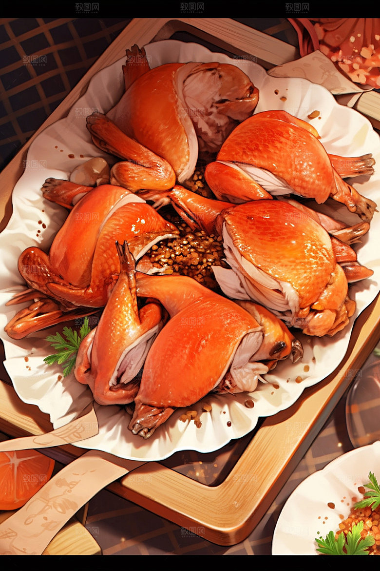 烧鸡腊味特色美食插画