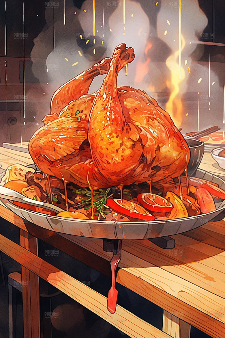 烧鸡广式料理烧腊插画