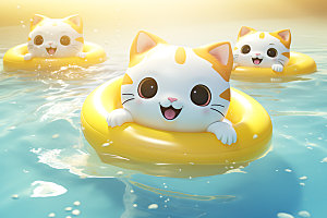 猫咪游泳海边小猫拟人模型