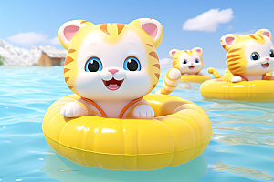 猫咪游泳海边小动物模型