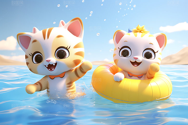 猫咪游泳海边立体模型