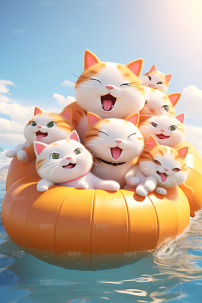 猫咪游泳小动物卡通模型